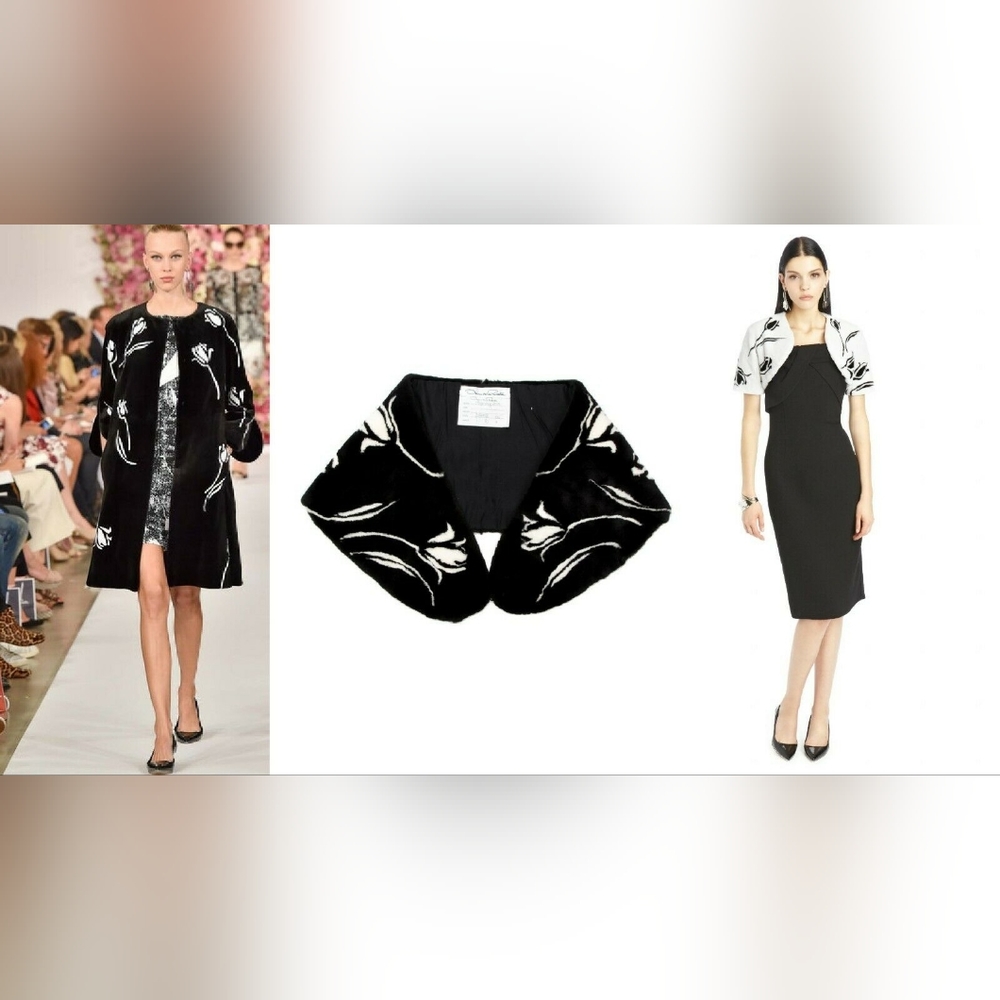 ^□$4,000 OSCAR DE LA RENTA GENUINE SHARED MINK BLACK WHT TULIP SILK LINED COLLAR